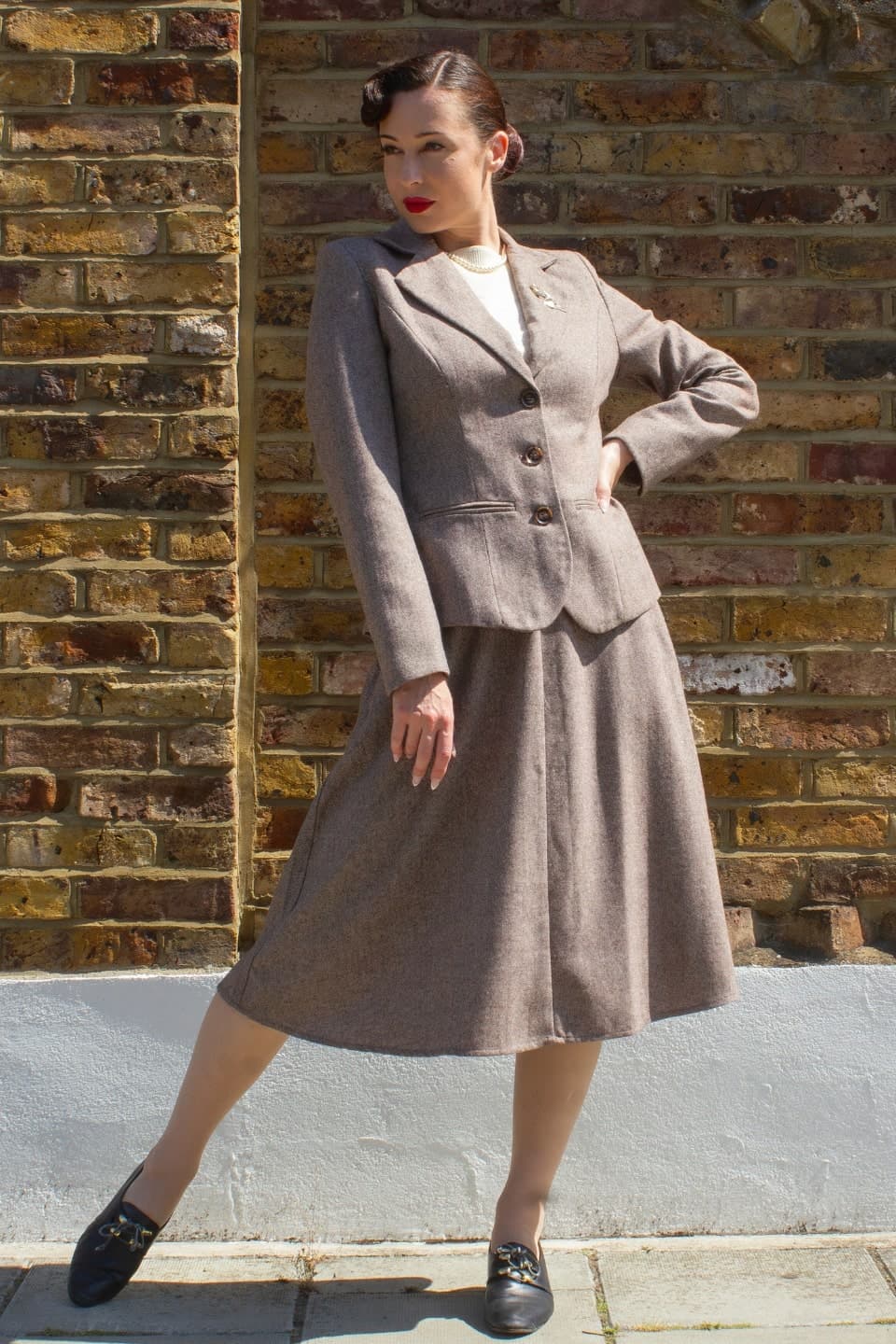 Vintage Inspired Wool Blend Brown Herringbone A-Line Skirt | Weekend Doll
