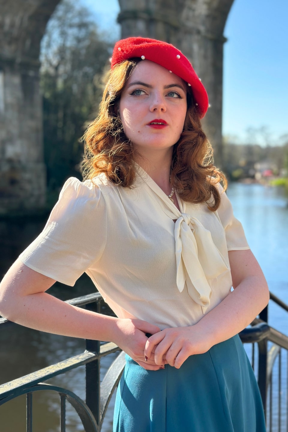 1940s and 50s Style Short Sleeve Pussy Bow Blouse In Ivory  | Vintage Inspired | Weekend Doll 