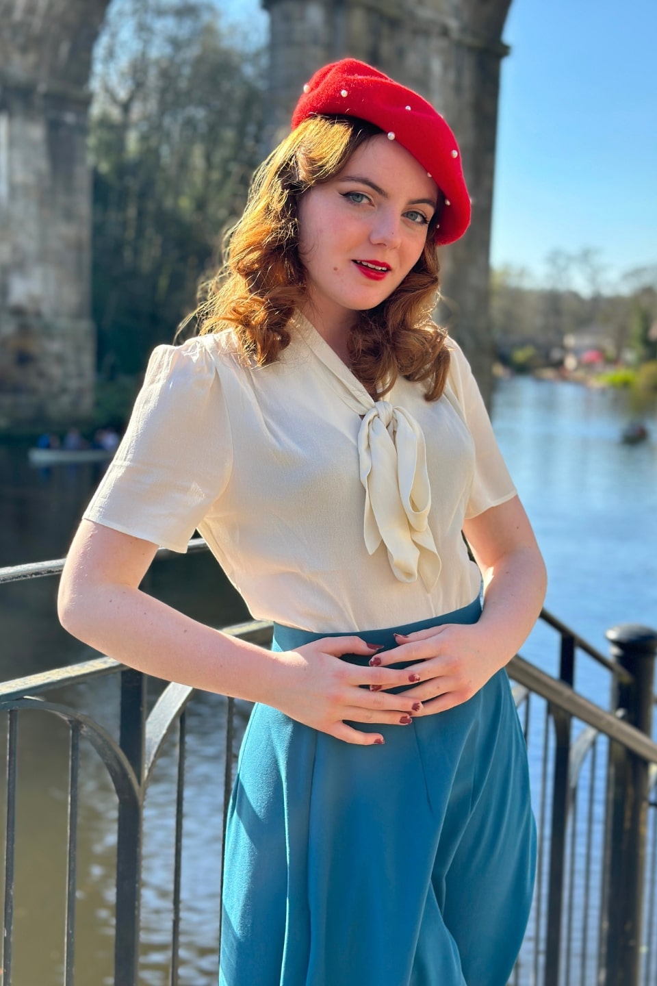 1940s and 50s Style Short Sleeve Pussy Bow Blouse In Ivory  | Vintage Inspired | Weekend Doll 