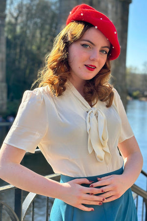 1940s and 50s Style Short Sleeve Pussy Bow Blouse In Ivory  | Vintage Inspired | Weekend Doll 