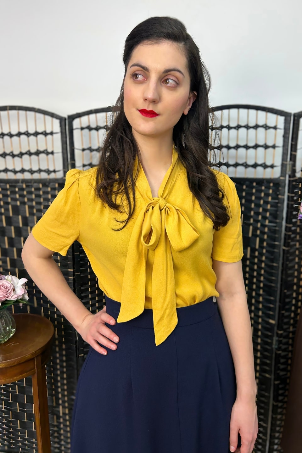 1940s and 50s Style Short Sleeve Pussy Bow Blouse In Mustard  | Vintage Inspired | Weekend Doll 