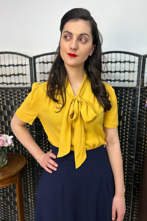 1940s and 50s Style Short Sleeve Pussy Bow Blouse In Mustard  | Vintage Inspired | Weekend Doll 