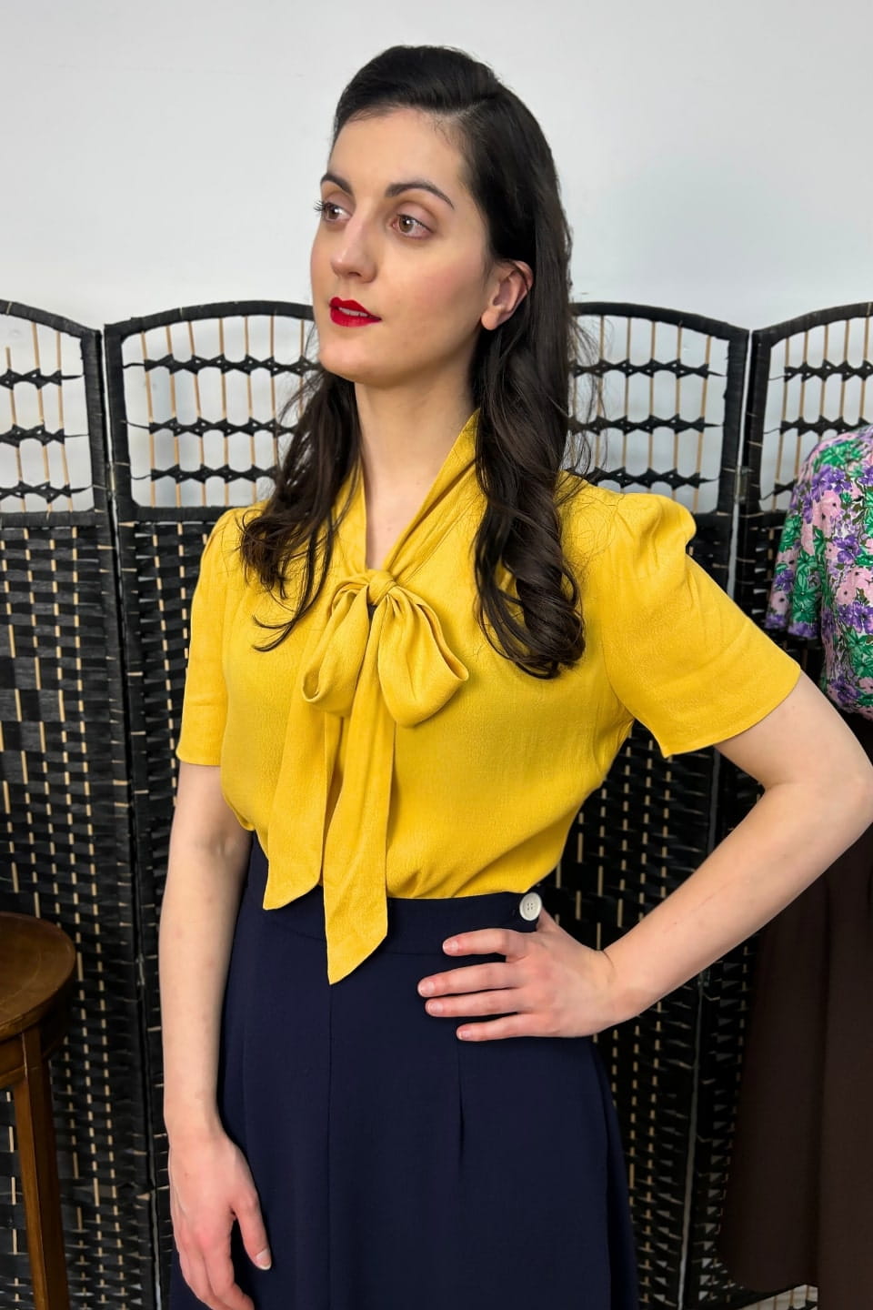 1940s and 50s Style Short Sleeve Pussy Bow Blouse In Mustard  | Vintage Inspired | Weekend Doll 