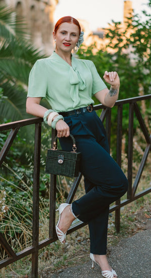 Navy High Waist Tapered Ankle-Length Trousers with Press Creases | 1940s and 50s Style  | Weekend Doll 