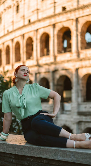 Navy High Waist Tapered Ankle-Length Trousers with Press Creases | 1940s and 50s Style  | Weekend Doll 