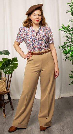 Tan High Waisted Wide Leg Trousers - 1930s & 40s style | Weekend Doll