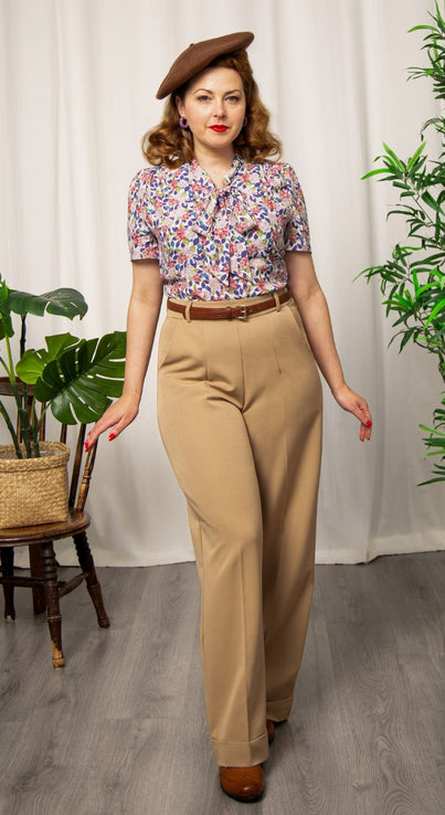1930s and 40s Classic High Waist Wide Leg Trousers In Tan