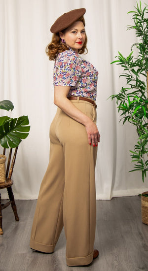 Tan High Waisted Wide Leg Trousers - 1930s & 40s style | Weekend Doll