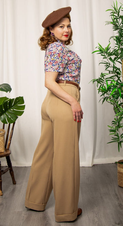 Tan High Waisted Wide Leg Trousers - 1930s & 40s style | Weekend Doll