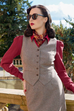 Women’s 1940s Tailored Brown Herringbone Waistcoat with Matching Suit | 1940s Style|Weekend Doll  