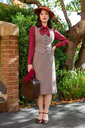Women’s 1940s Tailored Brown Herringbone Waistcoat with Matching Suit | 1940s Style|Weekend Doll  