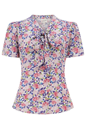 1940s and 50s Style Short Sleeve Pussy Bow Blouse In Purple Hydrangea | Vintage Inspired | Weekend Doll 