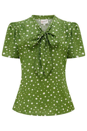 1940s and 50s Style Short Sleeve Pussy Bow Blouse In Green Polka Dot | Vintage Inspired | Weekend Doll 