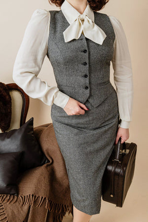 Ingrid Herringbone Fitted Skirt in Grey | 1940s Style | Weekend Doll  