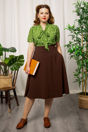 1940s and 50s Style Short Sleeve Pussy Bow Blouse In Green Polka Dot | Vintage Inspired | Weekend Doll 