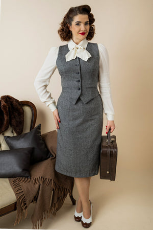 Women’s 1940s Tailored Grey Herringbone Waistcoat with Matching Suit | 1940s Style|Weekend Doll  