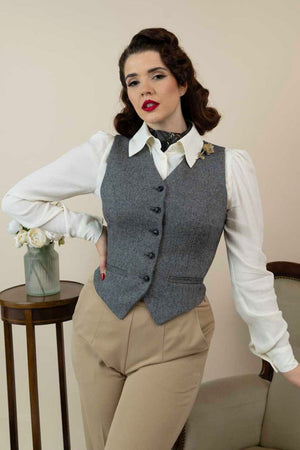 Women’s 1940s Tailored Grey Herringbone Waistcoat with Matching Suit | 1940s Style|Weekend Doll  