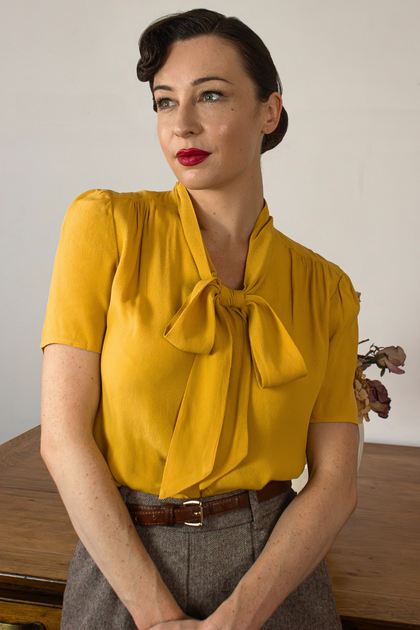 1940s and 50s Style Short Sleeve Pussy Bow Blouse In Mustard  | Vintage Inspired | Weekend Doll 