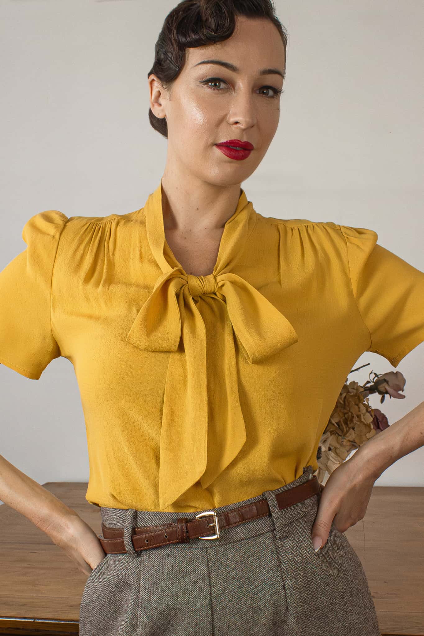 1940s and 50s Style Short Sleeve Pussy Bow Blouse In Mustard  | Vintage Inspired | Weekend Doll 
