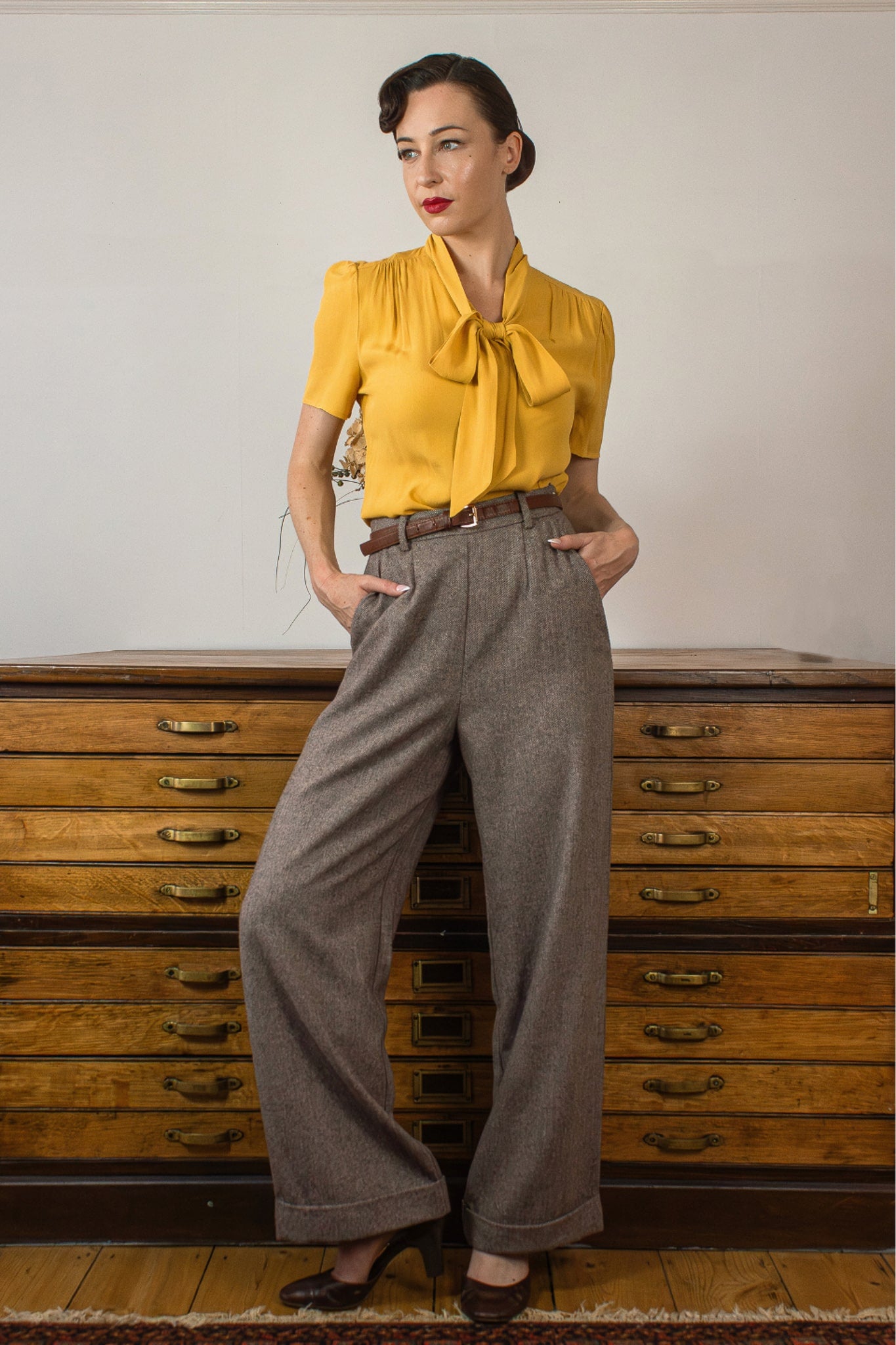 1940s and 50s Style Short Sleeve Pussy Bow Blouse In Mustard  | Vintage Inspired | Weekend Doll 