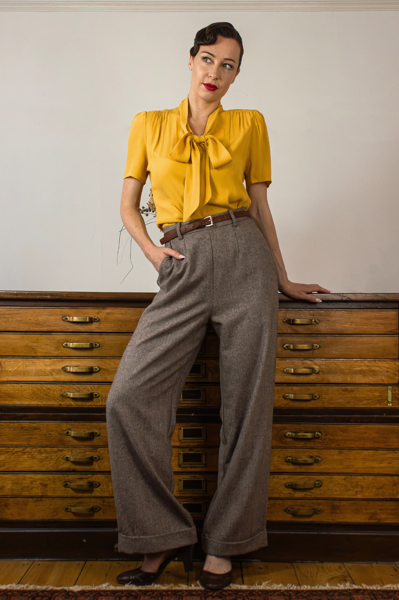 1940s and 50s Style Short Sleeve Pussy Bow Blouse In Mustard  | Vintage Inspired | Weekend Doll 