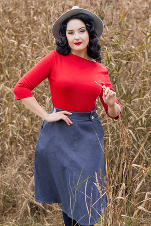 50s Style Quarter Sleeves Janet Slash Neck Top In Red | Retro Pin Up Style | Weekend Doll 