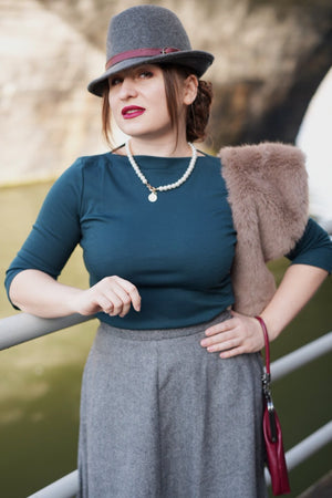 50s Style Quarter Sleeves Janet Slash Neck Top In Bottle   | Retro Pin Up Style | Weekend Doll 