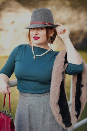 50s Style Quarter Sleeves Janet Slash Neck Top In Bottle   | Retro Pin Up Style | Weekend Doll 