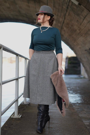 Grey Herringbone Wool Blend Skirt | 1940s-Inspired A-Line Vintage Fashion | Weekend Doll 