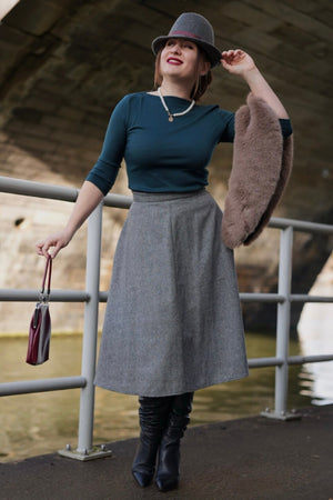 50s Style Quarter Sleeves Janet Slash Neck Top In Bottle   | Retro Pin Up Style | Weekend Doll 