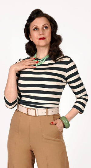 50s Style Quarter Sleeves Janet Slash Neck Top In Black and Ivory Striped | Retro Pin Up Style | Weekend Doll 