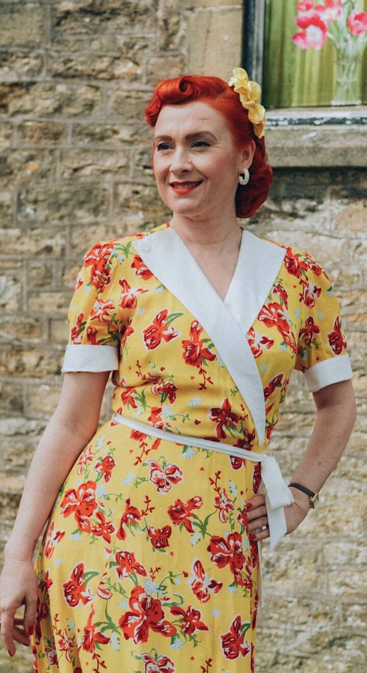 V neckline CrossOver Vintage Yellow Tiki Inspired Print Knee Length Tea Dress 1930s 1940s Style Weekend Doll