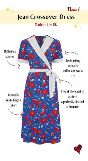 V neckline CrossOver Vintage Inspired Blue Poppy Print  Knee Length Tea Dress  | 1930s & 1940s Style | Weekend Doll 
