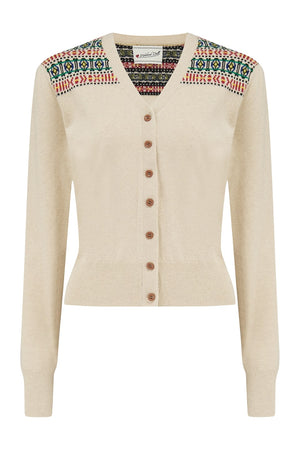 Vintage Inspired Wool and Cotton Mix Fair Isle Detail Cream Cardigan | 1940s Style | Weekend Doll