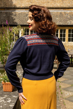 Vintage Inspired Wool and Cotton Mix Fair Isle Detail Navy Twin Set Cardigan | 1940s Style | Weekend Doll