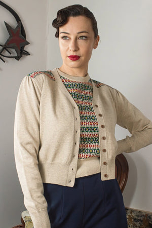 Vintage Inspired Wool and Cotton Mix Fair Isle Detail Cream Cardigan | 1940s Style | Weekend Doll
