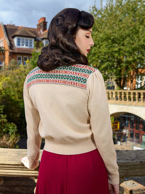 Vintage Inspired Wool and Cotton Mix Fair Isle Detail Cream Cardigan | 1940s Style | Weekend Doll
