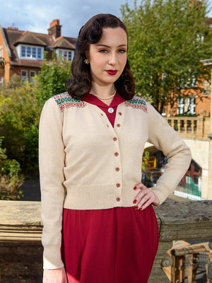 Vintage Inspired Wool and Cotton Mix Fair Isle Detail Cream Cardigan | 1940s Style | Weekend Doll