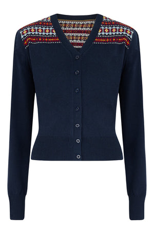 Vintage Inspired Wool and Cotton Mix Fair Isle Detail Navy Cardigan | 1940s Style | Weekend Doll