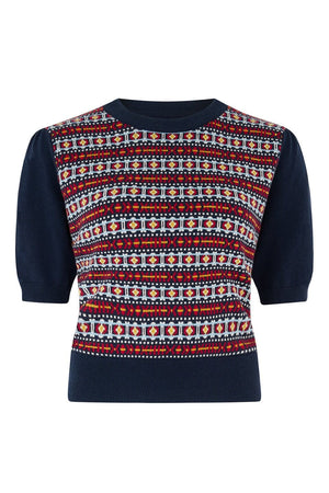 Navy Fair Isle Wool Blend Twin Set Sweater | 1940s–50s Vintage Inspired Knitwear – Weekend Doll