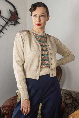 Vintage Inspired Wool and Cotton Mix Fair Isle Detail Cream Cardigan | 1940s Style | Weekend Doll