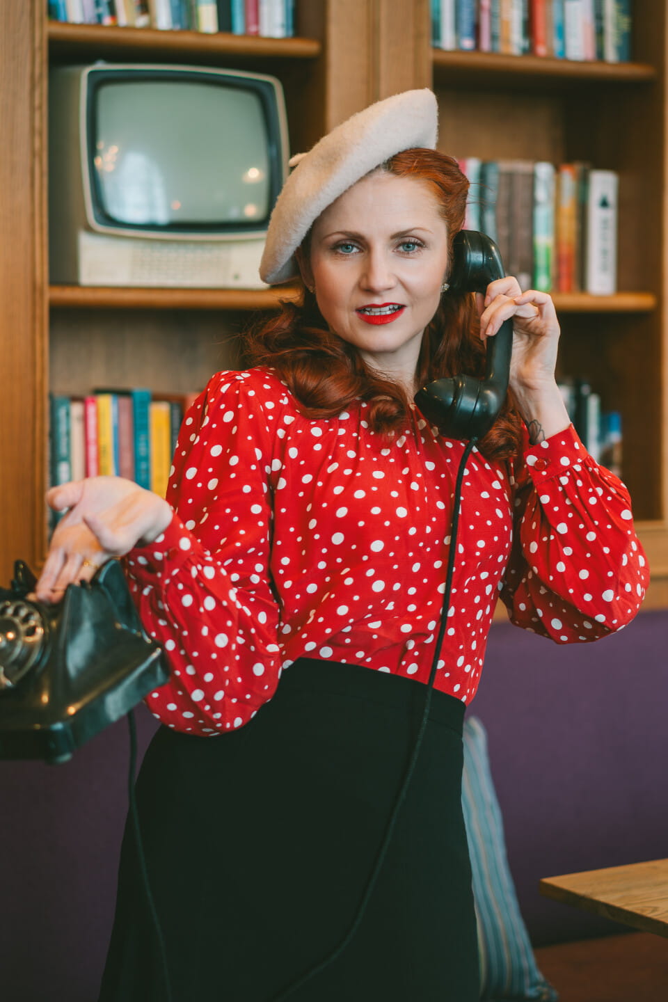 1940s-Inspired Long Sleeve Boat Neck Blouse in Red Polka Dot