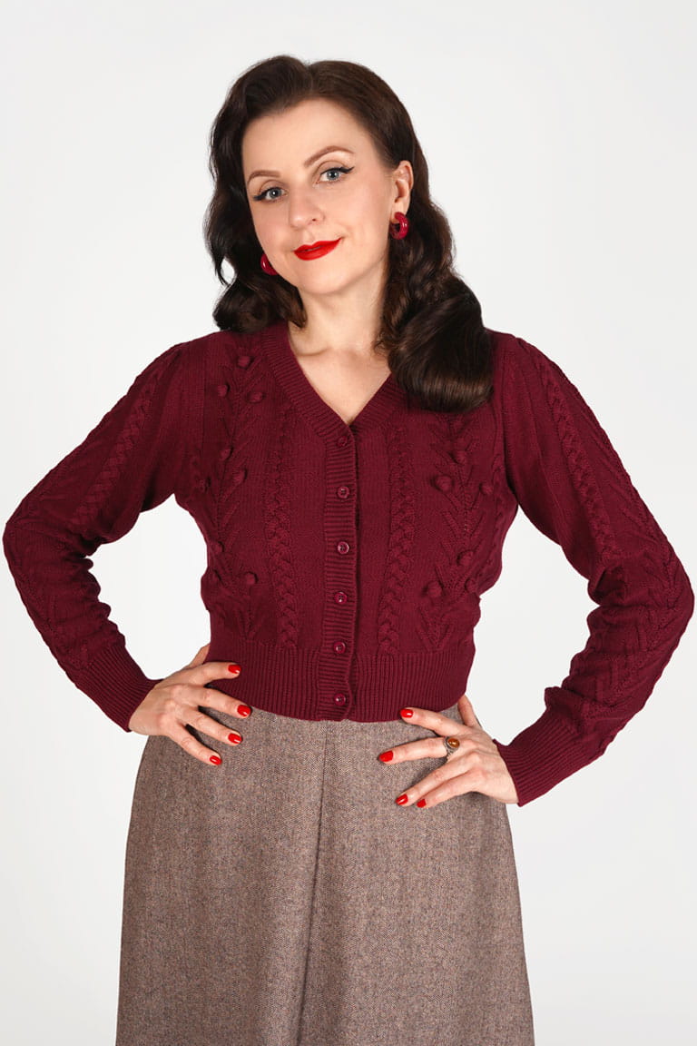 Vintage Inspired Merino Wool and Cotton Mix Burgundy Cardigan | 1940s Style | Weekend Doll
