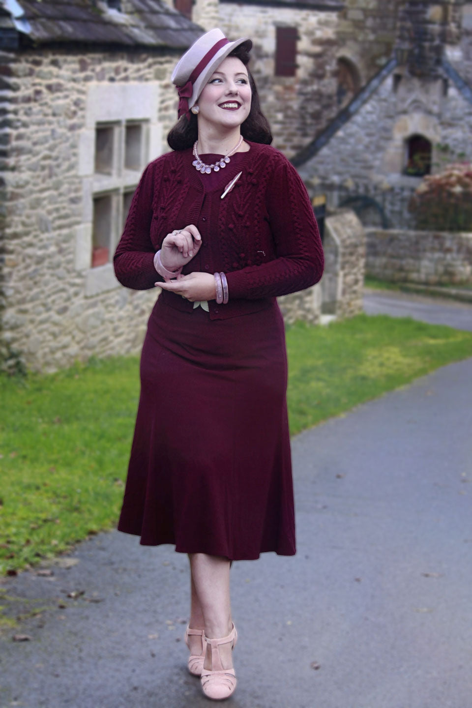 Vintage Inspired 100% Merino Wool Burgundy Cardigan | 1940s Style