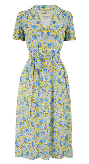 1940s Tea Dresses, Mature, Mrs. Long Sleeve Dresses Katherine Shirt Dress in Yellow Hydrangea £118.00 AT vintagedancer.com