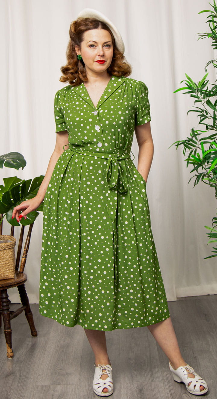 Katherine Sustainable Vintage Inspired Shirt Dress in Green Polka Dot |  1940s & 1950s Style | Weekend Doll