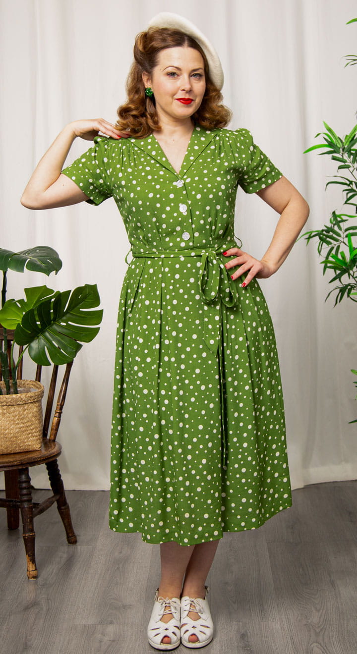 Katherine Sustainable Vintage Inspired Shirt Dress in Green Polka Dot |  1940s & 1950s Style