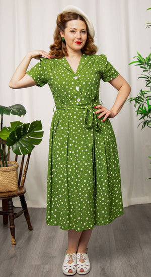 Katherine Sustainable Vintage Inspired Shirt Dress in Green Polka Dot | 1940s & 1950s Style | Weekend Doll 