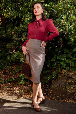 Mulberry Long Sleeve Blouse with Detachable Bow | 1940s Style | Weekend Doll