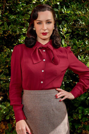 Mulberry Long Sleeve Blouse with Detachable Bow | 1940s Style | Weekend Doll
